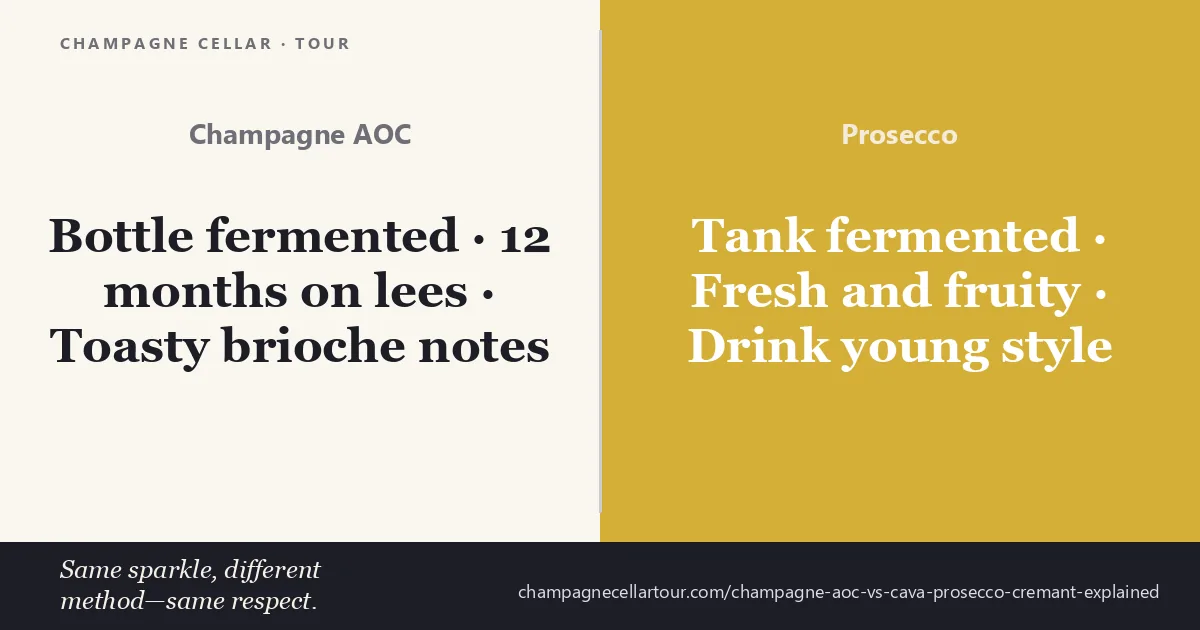 Champagne AOC bottle-fermented for 12 months on lees giving toasty brioche notes compared with Prosecco tank-fermented for fresh fruity drink-young style — same sparkle, different method, same respect for each tradition